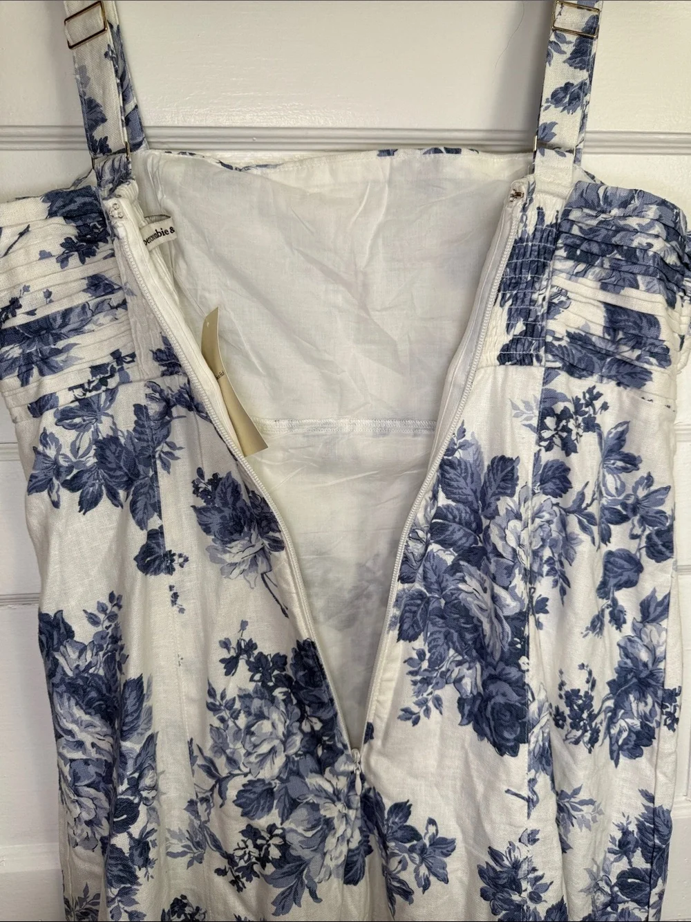 Abercrombie & Fitch Emerson Linen-Blend Wide Strap Midi Dress Blue&White Toile L